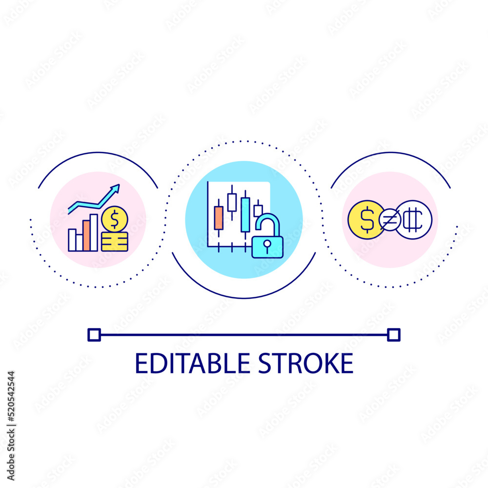 Open stock market loop concept icon. Cryptocurrency and real money. Trading profit growth abstract idea thin line illustration. Isolated outline drawing. Editable stroke. Arial font used Open stock market loop concept icon. Cryptocurrency and real money. Trading profit growth abstract idea thin line illustration. Isolated outline drawing. Editable stroke. Arial font used