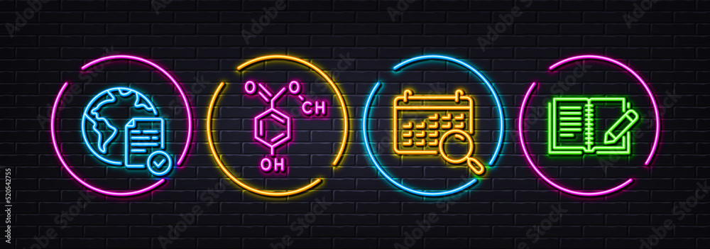 Chemical formula, Online voting and Search calendar minimal line icons. Neon laser 3d lights. Feedback icons. For web, application, printing. Chemistry, Internet poll, Find date. Vector