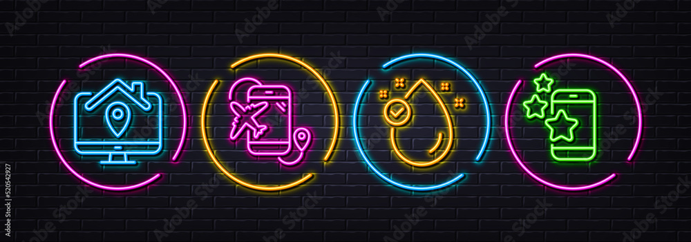 Flight destination, Vitamin e and Work home minimal line icons. Neon laser 3d lights. Best app icons. For web, application, printing. Airplane trip, Oil drop, Freelance work. Rating stars. Vector
