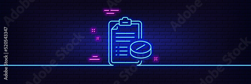 Neon light glow effect. Medical prescription line icon. Medicine pills sign. Pharmacy medication symbol. 3d line neon glow icon. Brick wall banner. Medical prescription outline. Vector