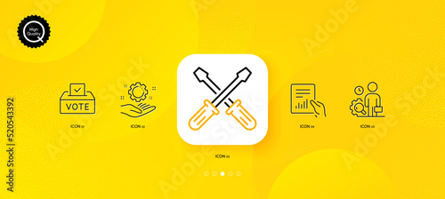 Document, Employee hand and Inspect minimal line icons. Yellow abstract background. Vote box, Screwdriverl icons. For web, application, printing. File with diagram, Work gear, Work quality. Vector