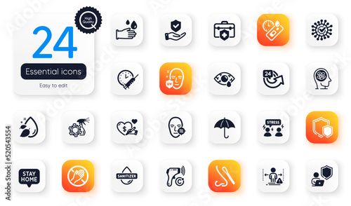Set of Medical flat icons. Umbrella, Nasal test and Problem skin elements for web application. Electronic thermometer, Stay home, Dont touch icons. Covid test, Social distance. Vector