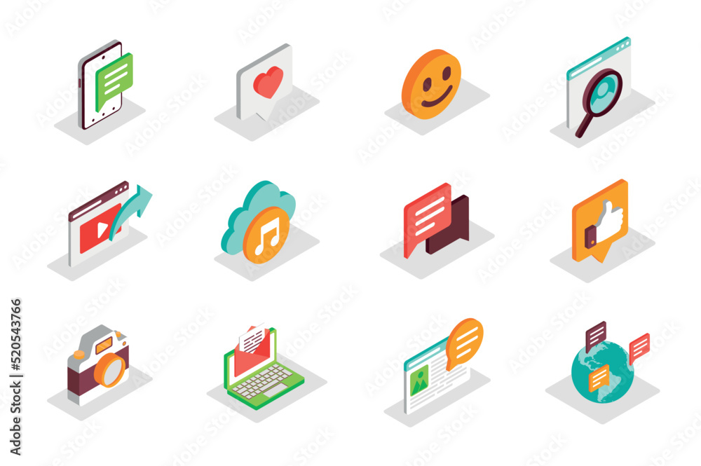 Social media concept 3d isometric icons set. Bundle elements of comment ...