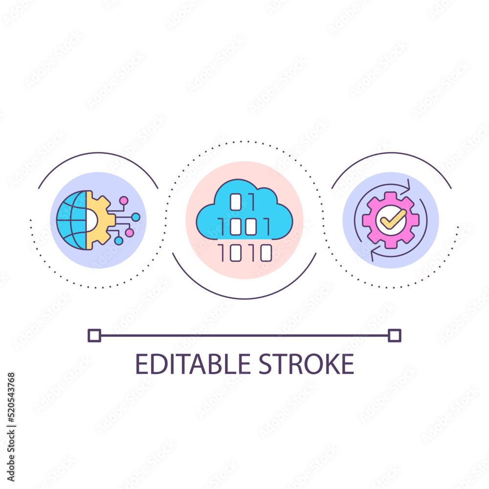 Global digital information storage loop concept icon. Online data. Virtual cloud usage abstract idea thin line illustration. Isolated outline drawing. Editable stroke. Arial font used Global digital information storage loop concept icon. Online data. Virtual cloud usage abstract idea thin line illustration. Isolated outline drawing. Editable stroke. Arial font used
