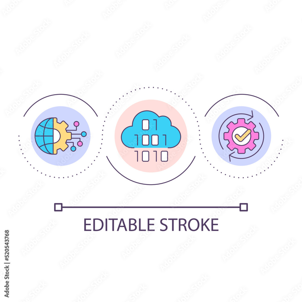 Global digital information storage loop concept icon. Online data. Virtual cloud usage abstract idea thin line illustration. Isolated outline drawing. Editable stroke. Arial font used