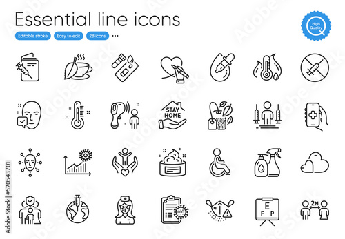 Volunteer, Electronic thermometer and Mint bag line icons. Collection of Pandemic vaccine, Vision board, Care icons. Thermometer, Skin cream, Fever temperature web elements. Health app. Vector