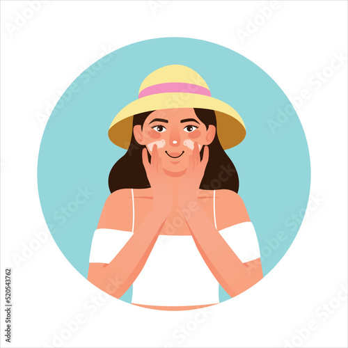 Happy Woman with Hat applying sunscreen om her face. SPF using cartoon vector illustration.