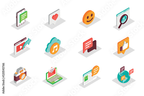 Social media concept 3d isometric icons set. Bundle elements of comment, emoji, search, sharing link, video content, music cloud streaming and other. Vector illustration in modern isometry design