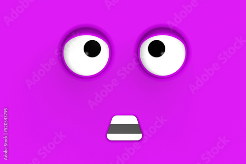 Fiolet face of cute character. Cute face. stupid face. emotion surprise. Horizontal image. Surprised face. 3D image. 3D rendering.