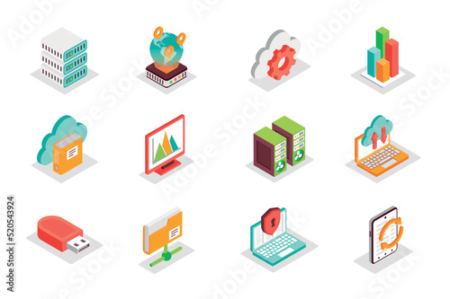 Big Data concept 3d isometric icons set. Bundle elements of server, internet, cloud, chart, information, graph, memory, folder, datum analysis and other. Vector illustration in modern isometry design