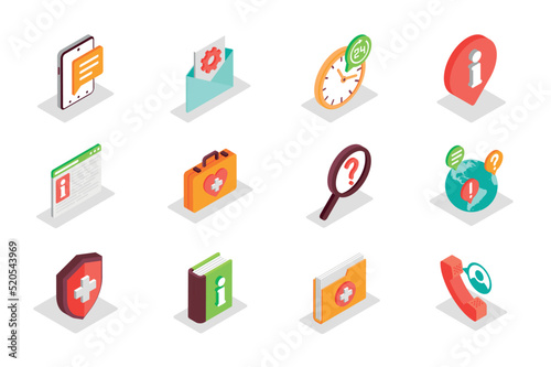 Customer support concept 3d isometric icons set. Bundle elements of help center, emergency, chat, info, aid, client call, contact, hotline and other. Vector illustration in modern isometry design