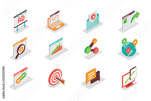 SEO and Marketing concept 3d isometric icons set. Bundle elements of advertising, optimization, content, link, settings, data analysis, traffic and other. Vector illustration in modern isometry design