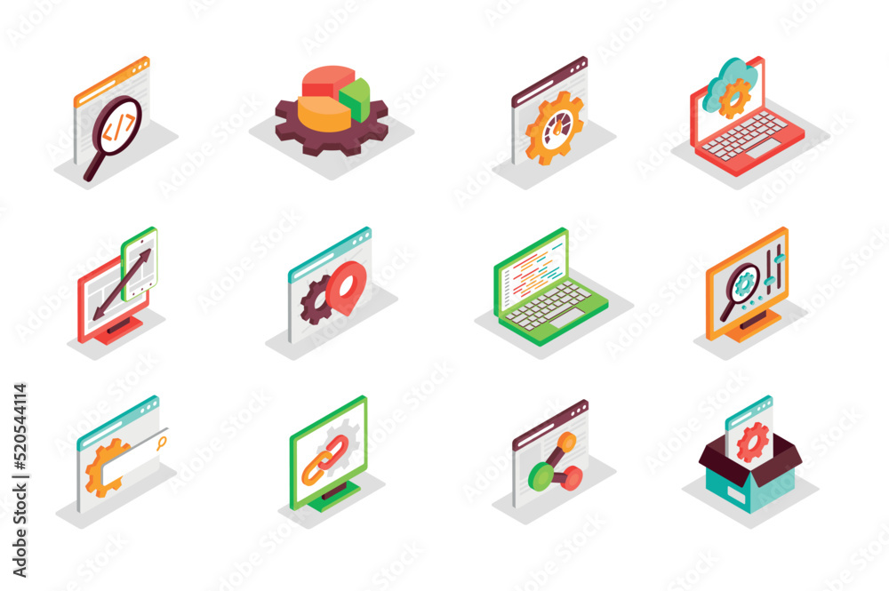 Digital development and SEO concept 3d isometric icons set. Bundle elements of code, optimization, chart, graph, settings, speed, search, link and other. Vector illustration in modern isometry design Digital development and SEO concept 3d isometric icons set. Bundle elements of code, optimization, chart, graph, settings, speed, search, link and other. Vector illustration in modern isometry design
