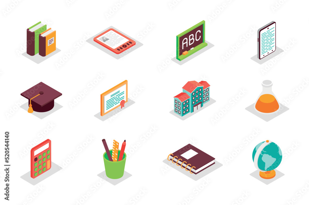 Education concept 3d isometric icons set. Bundle elements of textbook, blackboard, graduation hat, diploma, school, university, stationery and other. Vector illustration in modern isometry design Education concept 3d isometric icons set. Bundle elements of textbook, blackboard, graduation hat, diploma, school, university, stationery and other. Vector illustration in modern isometry design