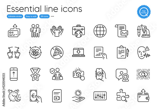 Businessman case, Stress and Prohibit food line icons. Collection of Microscope, Financial app, Hold t-shirt icons. Augmented reality, Mail letter, Sun protection web elements. Vector