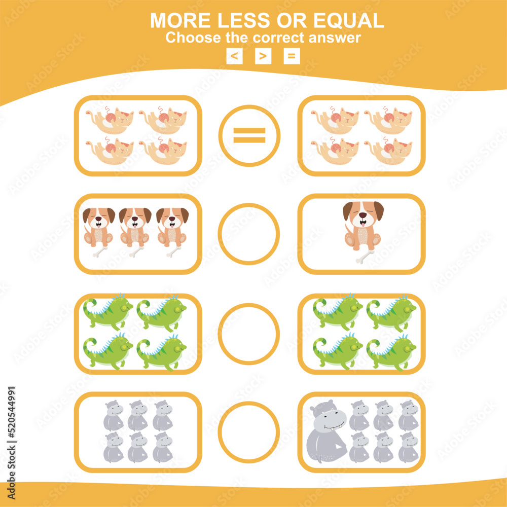 Math educational game for children. Choose more, less or equal game. Educational printable math worksheet. Vector illustration in cartoon style.