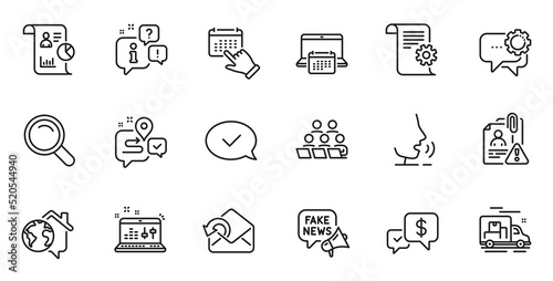 Outline set of Employees messenger, Payment received and Report line icons for web application. Talk, information, delivery truck outline icon. Include Calendar, Search, Send mail icons. Vector