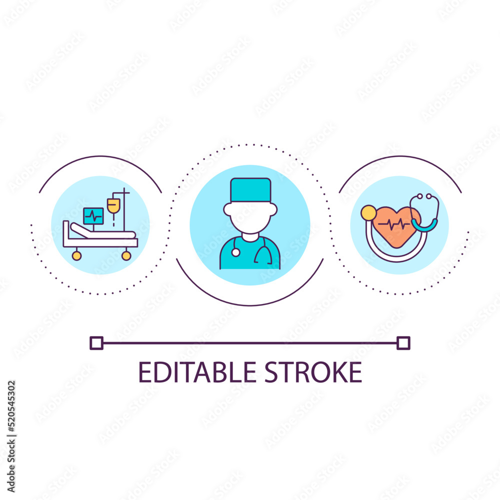 Medical service for citizens loop concept icon. Healthcare program. Patient examining and treatment abstract idea thin line illustration. Isolated outline drawing. Editable stroke. Arial font used