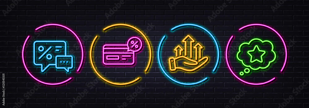 Discounts, Growth chart and Cashback minimal line icons. Neon laser 3d lights. Loyalty star icons. For web, application, printing. Best offer, Money gain, Non-cash payment. Bonus reward. Vector