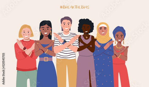 A group of women of different nationalities with their hands crossed. Break The Bias campaign. International Women's Day. Movement against discrimination and stereotypes. Flat vector