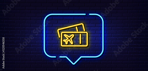 Neon light speech bubble. Boarding pass line icon. Airplane tickets sign. Check in flight symbol. Neon light background. Boarding pass glow line. Brick wall banner. Vector