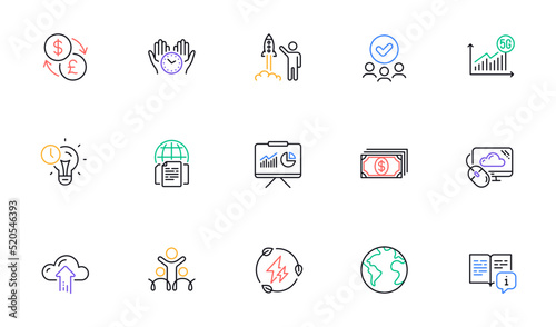 Cloud computing, World planet and Payment line icons for website, printing. Collection of Currency exchange, Time management, Internet documents icons. Manual, Launch project. Vector