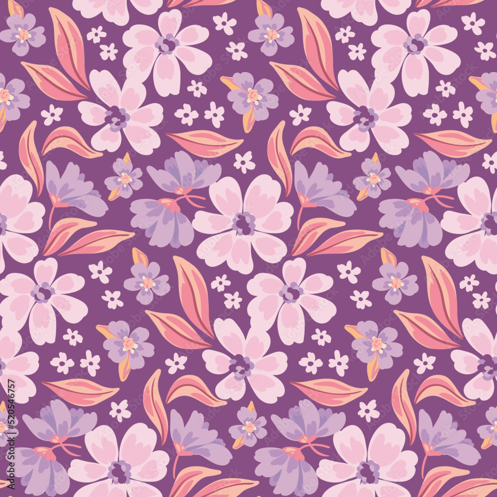 Seamless floral pattern, folk style ditsy print in purple colors. Cute botanical background design with small flowers, leaves in liberty composition. Vector illustration.