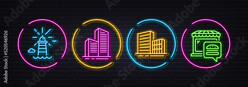 Skyscraper buildings, Buildings and Lighthouse minimal line icons. Neon laser 3d lights. Food market icons. For web, application, printing. Vector
