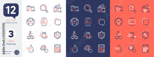 Set of Calculator, Pin and Cogwheel settings line icons. Include Hydroelectricity, Messenger, Spanner icons. Research, 5g internet, Work home web elements. Time management. Vector