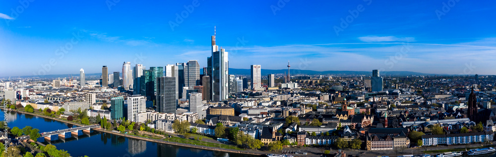 Aerial view, Frankfurt,  skyline, with skyscrapers, river Main, Hesse, Germany