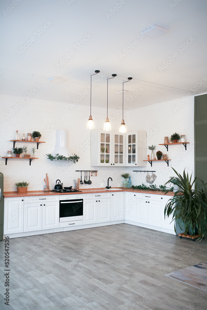 Fototapeta premium Modern Kitchen Interior with Island, Sink, Cabinets, and Big Window in New Luxury Home.