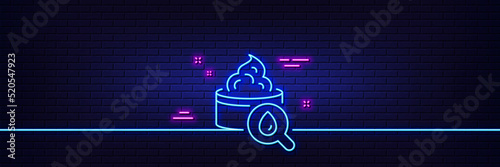 Neon light glow effect. Moisturizing face cream line icon. Skin care sign. Cosmetic lotion symbol. 3d line neon glow icon. Brick wall banner. Moisturizing cream outline. Vector