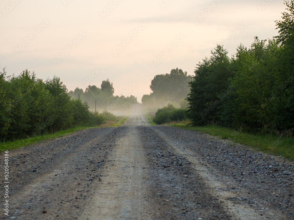 dirt road at dawn going into the distance morning into the fog dirt road at dawn going into the distance morning into the fog