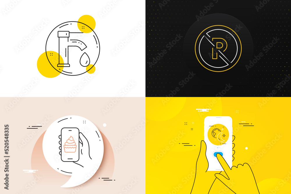 Minimal set of No parking, Food app and Tap water line icons. Phone screen, Quote banners. Sleep icons. For web development. Car park, Smartphone cake, Faucet. World and moon. Vector - obrazy, fototapety, plakaty 