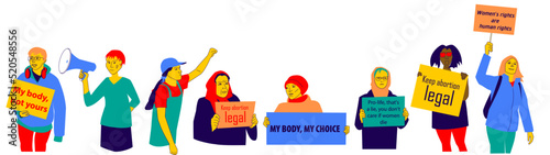 Women protest against abortion ban. Feminists fight for freedom, equality, human rights. Girls hold posters. Concept of female activism, abortion-rights movements. Flat design illustration, vector