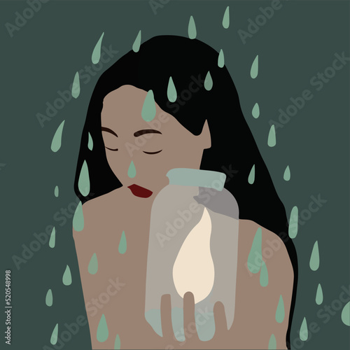 A woman holding a bottle with a burning flame inside, protecting it from the rain. It represents never to let your light go out inspite of your struggles. photo