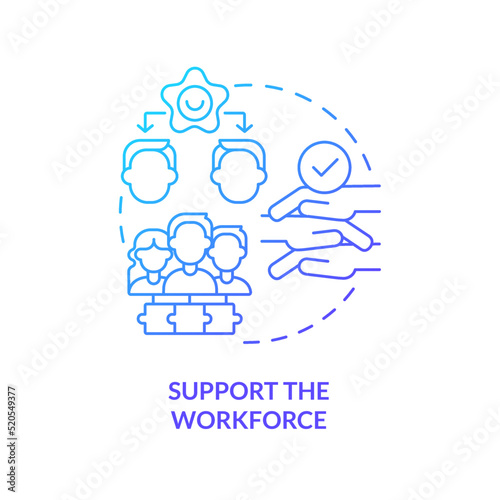 Support workforce blue gradient concept icon. Employee care. Addressing covid impact on logistics abstract idea thin line illustration. Isolated outline drawing. Myriad Pro-Bold font used