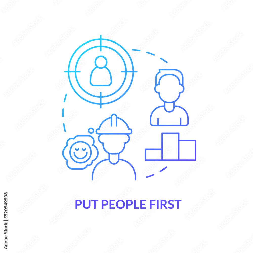 Put people first blue gradient concept icon. Support employees. Company value. Supply chain priority abstract idea thin line illustration. Isolated outline drawing. Myriad Pro-Bold font used