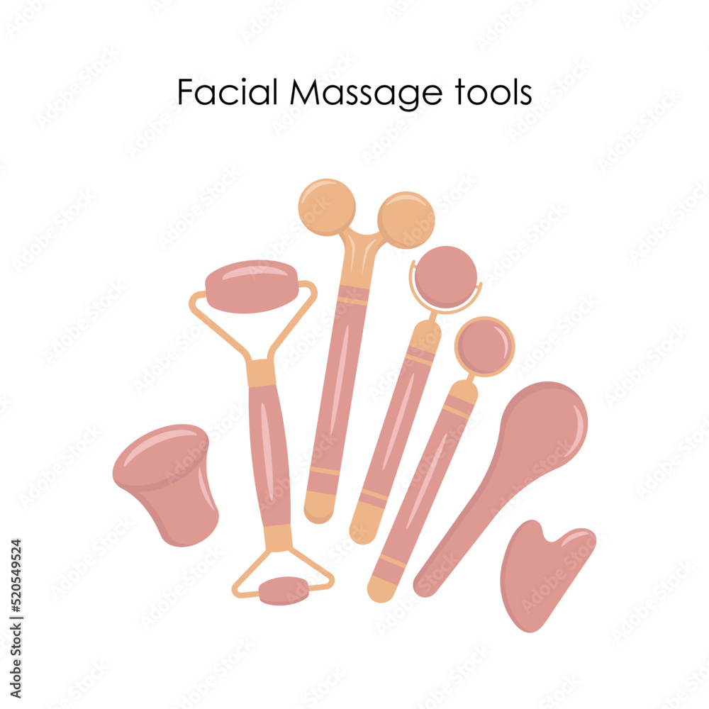 Set of facial massage tools. The tension melting massage for face and neck. Accessories for skin. Massage rollers, mushroom gua sha and gua sha scraper, gua sha spoon. Flat vector illustration. Set of facial massage tools. The tension melting massage for face and neck. Accessories for skin. Massage rollers, mushroom gua sha and gua sha scraper, gua sha spoon. Flat vector illustration.