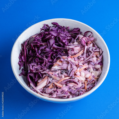 Slaw Homemade Purple White Creamy Food Photography Editorial Blue Backdrop