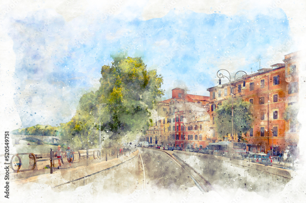 Digital illustration in watercolor style of the street Lungotevere Farnesina in Rome city, along the Tiber River