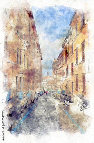 Digital illustration in watercolor style of the street of Rome city © ame kamura