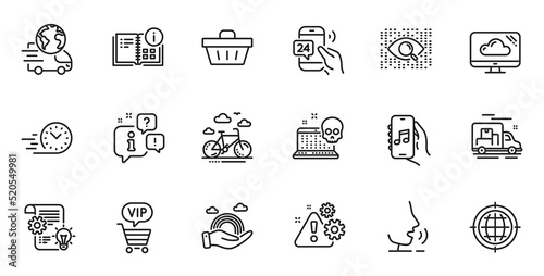 Outline set of Cloud storage, Warning and Music app line icons for web application. Talk, information, delivery truck outline icon. Vector