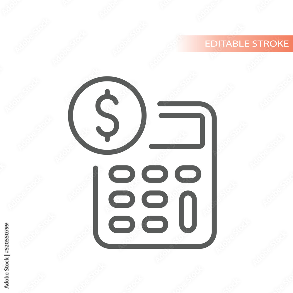 Dollar, money and calculator line vector icon. Budget, finance outlined symbol. Dollar, money and calculator line vector icon. Budget, finance outlined symbol.