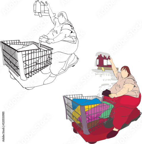 overweight woman is shopping in a supermarket. Sad fat girl has eating problems, obesity, food addiction.illustration of unhealthy eating character, bad eating habits, overeating concept
