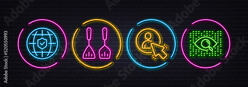 User, Cooking cutlery and Global insurance minimal line icons. Neon laser 3d lights. Artificial intelligence icons. For web, application, printing. Vector