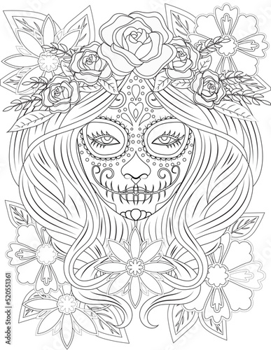 Female head covered with flowers and decorations - great for colorings, print, tattoo