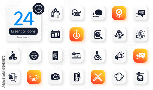 Set of Technology flat icons. Employees teamwork, Refrigerator and Full rotation elements for web application. Calendar, 360 degrees, Work home icons. Megaphone, Online help. Vector