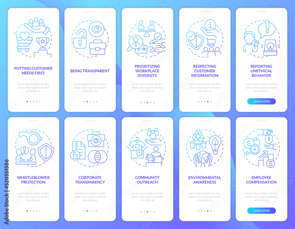Corporate social responsibilities gradient onboarding mobile app screen set. Walkthrough 5 steps graphic instructions with linear concepts. UI, UX, GUI template. Myriad Pro-Bold, Regular fonts used
