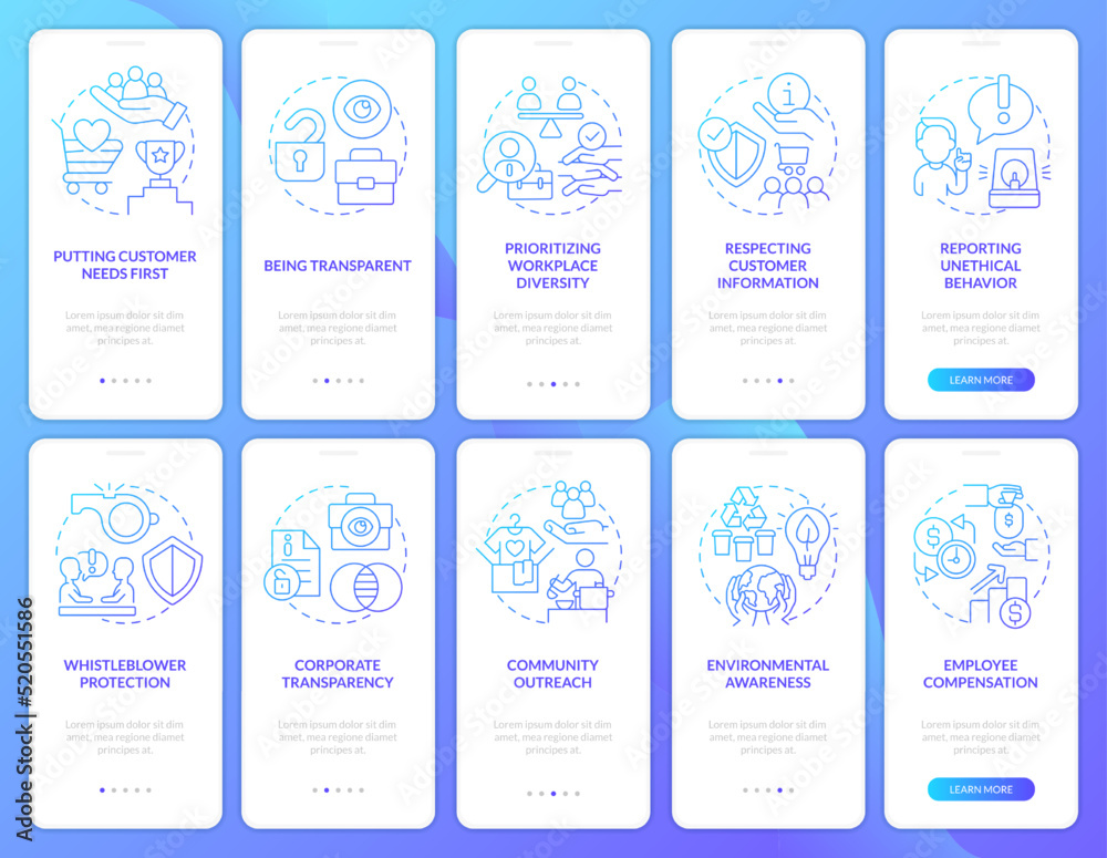 Corporate social responsibilities gradient onboarding mobile app screen set. Walkthrough 5 steps graphic instructions with linear concepts. UI, UX, GUI template. Myriad Pro-Bold, Regular fonts used Corporate social responsibilities gradient onboarding mobile app screen set. Walkthrough 5 steps graphic instructions with linear concepts. UI, UX, GUI template. Myriad Pro-Bold, Regular fonts used